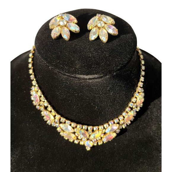 Vintage Irredescent Rhinestone Necklace & Clip On Earrings Set - Picture 1 of 15